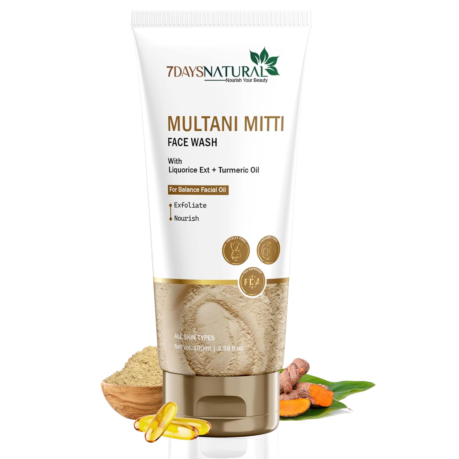 7DAYSNATURAL Multani Mitti Face Wash All Skin Types | Clear, Glowing Skin | 100% Vegan | Paraben & Sulphates Free | For Women & Men 100 ml