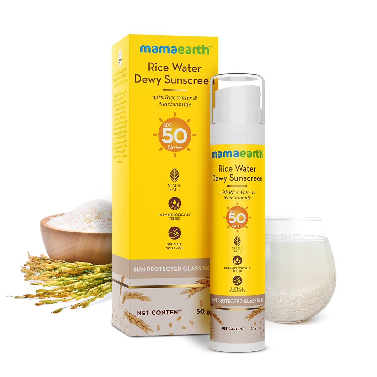 Mamaearth Rice Water Dewy Sunscreen with SPF 50 PA++++ | UVA & UVB Protection | Tan Protection | Gives Glass Skin Glow | No White Cast | For All Skin Types | 50 g