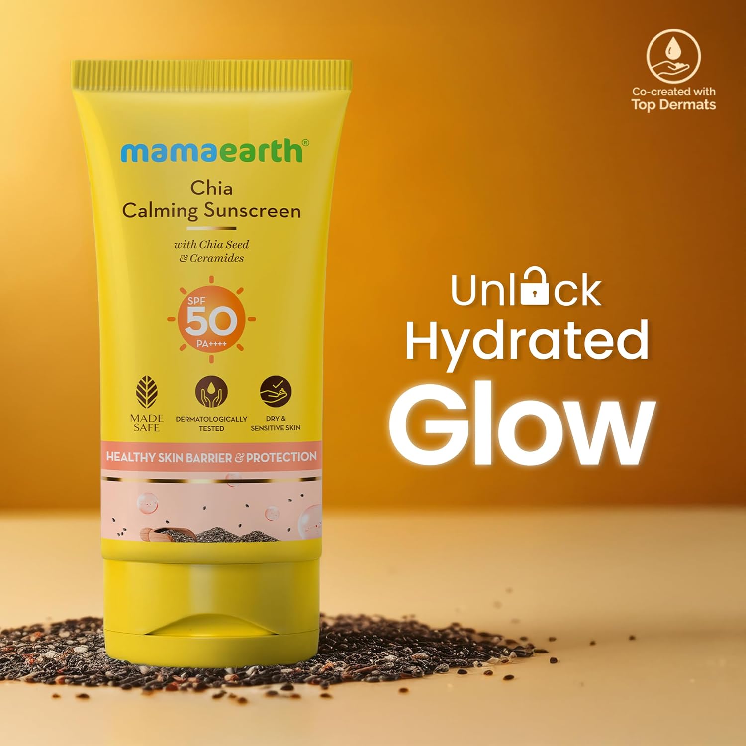 Mamaearth Chia Calming Sunscreen with Chia Seed & Ceramides for Hydrated Glow & Sun Protection | SPF 50 PA++++ | Co-Created With Top Dermats | For Dry to Normal, Sensitive Skin | Healthy Skin Barrier | In-Vivo tested | 50 g