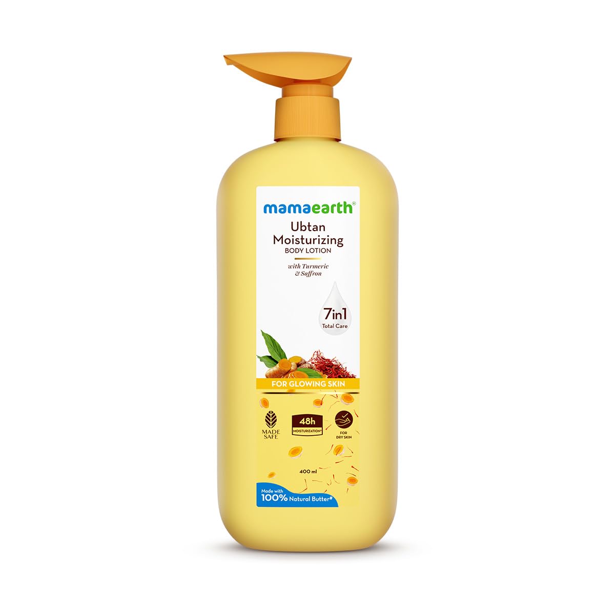 Mamaearth Ubtan Moisturizing Body Lotion with Turmeric & Saffron for Glowing Skin | 48 Hrs Moisturization | Nourishes Dry Skin | 7 in1 Total Care | 100% Natural Butter | Non-Greasy Smooth Skin | 400 ml