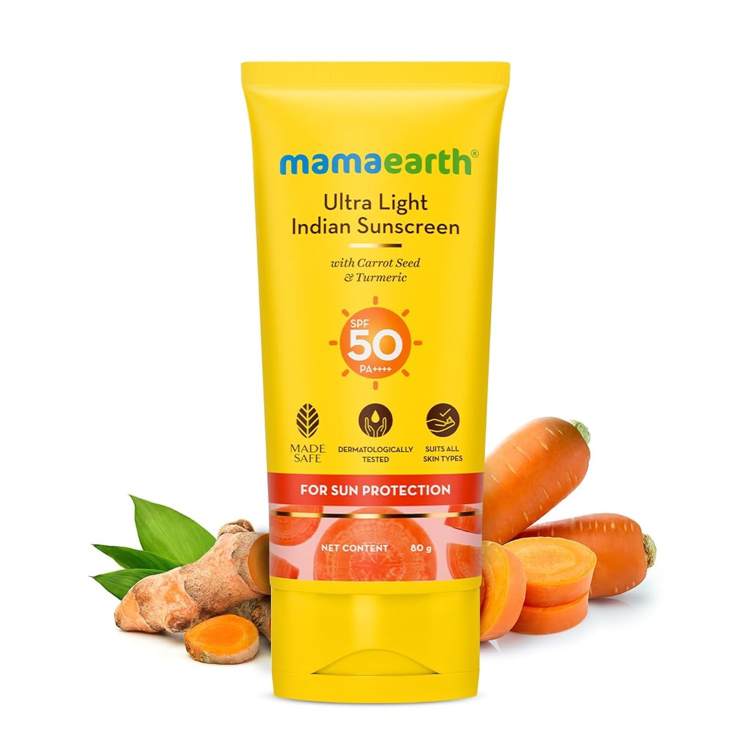 Mamaearth Ultra Light Indian Sunscreen with Carrot Seed & Turmeric | SPF 50 PA ++++ | UVA & UVB Protection | Tan Protection | No White Cast | Non-Greasy & Quick Absorbing | Super Lightweight | Suits All Skin Types | In-Vivo Tested | 80 g