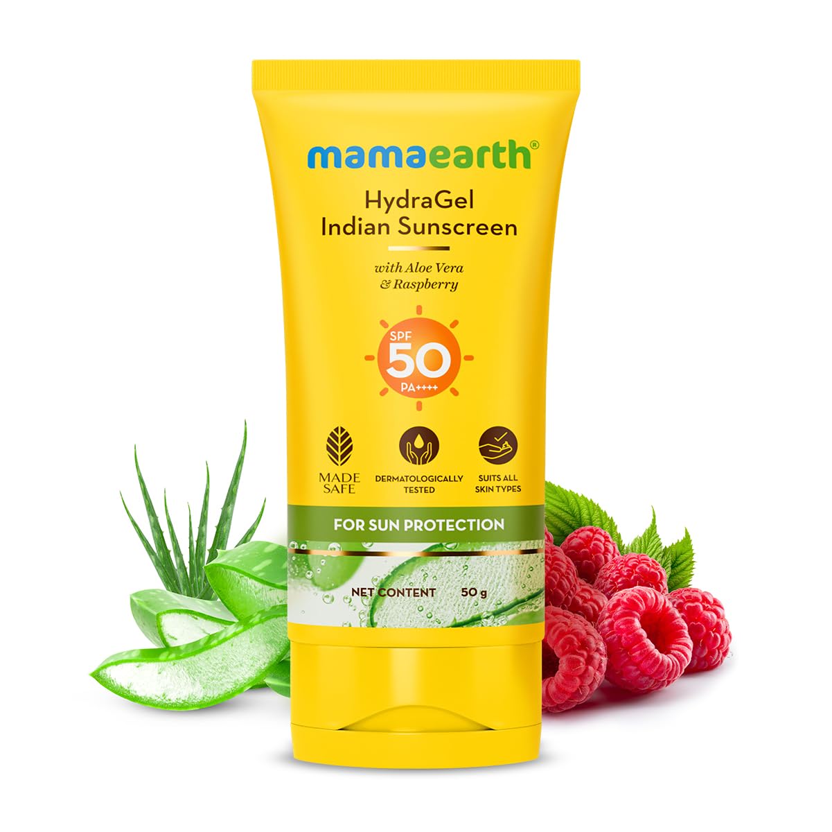Mamaearth HydraGel Indian Sunscreen with Aloe Vera and Raspberry for Sun Protection | SPF 50 & PA++++ Protection | Shields from UVA & UVB Rays | Tan Protection | Non-Sticky & Light | 50 g
