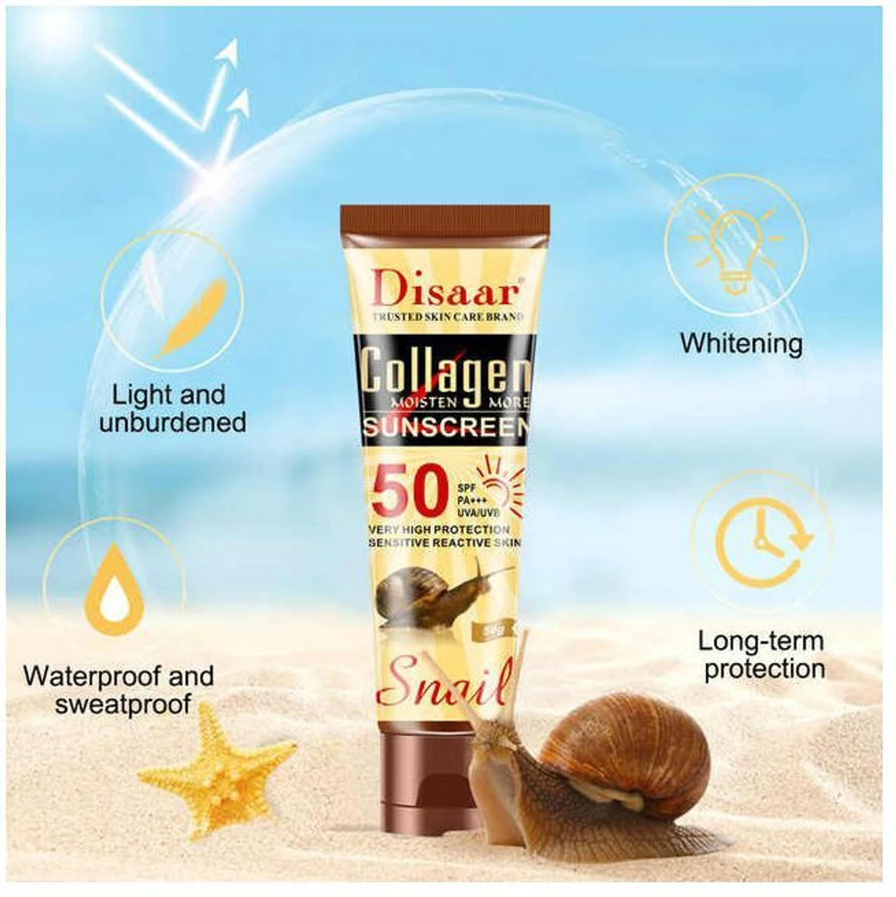 Disaar Collagen Sunscreen (typically SPF 50 PA+++, 50g) is a popular, affordable, and lightweight, non-greasy sunscreen designed to protect against UVA/UVB rays while enhancing skin elasticity and reducing fine lines