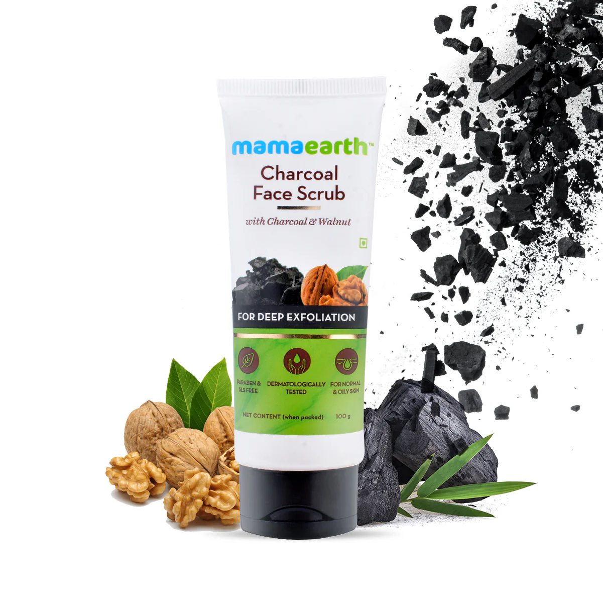 Charcoal Face Scrub For Oily Skin and Normal skin, with Charcoal and Walnut for Deep Exfoliation - 100g