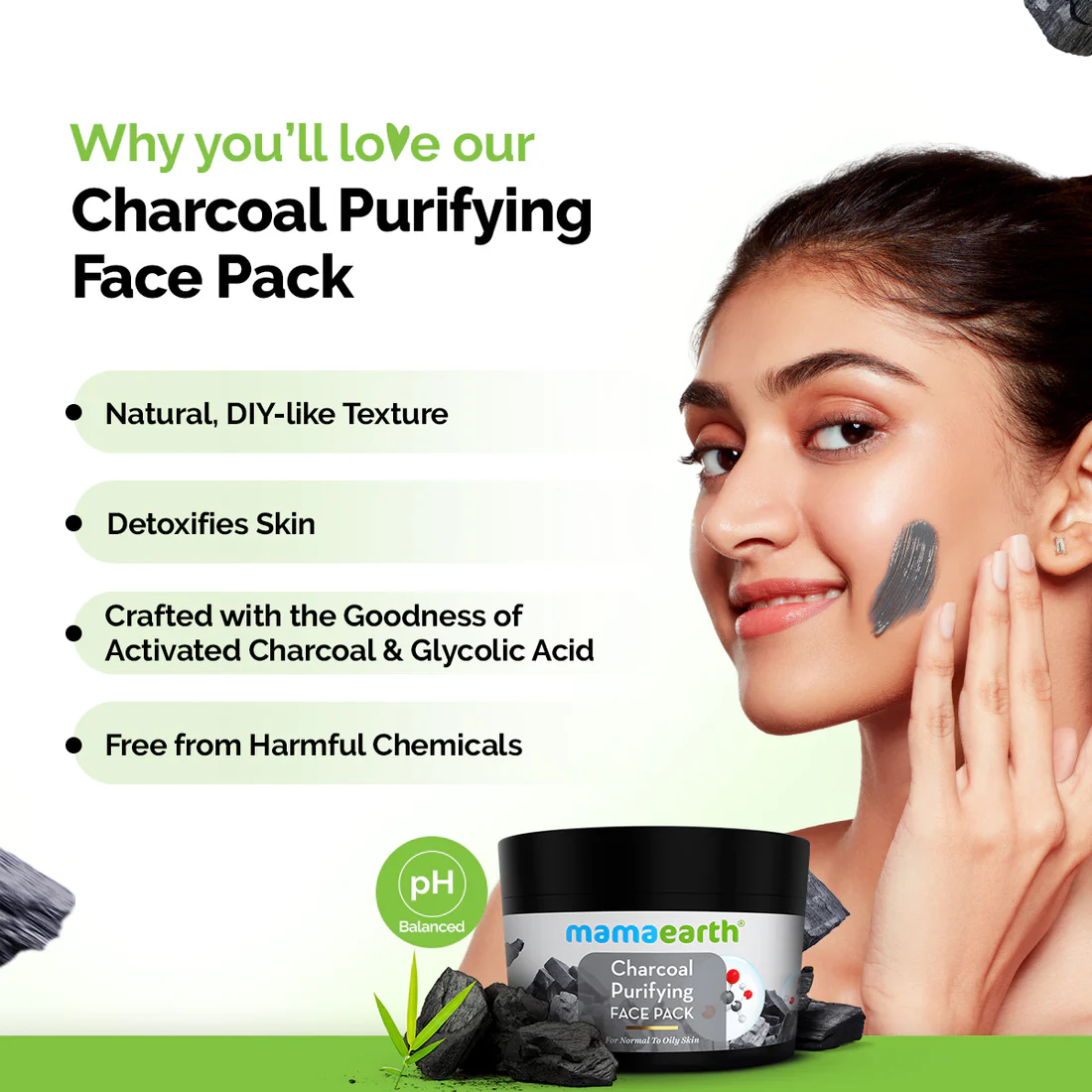Charcoal Purifying Face Pack with Activated Charcoal & Glycolic Acid for Skin Detoxification - 200g