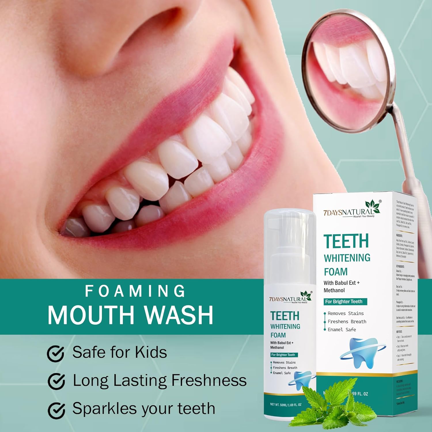 7DAYSNATURAL Teeth Whitening Foam Cleanser | Deep Clean Formula for Brighter Teeth, Fresh Breath & Cavity Protection | Advanced Oral Care | 60ml