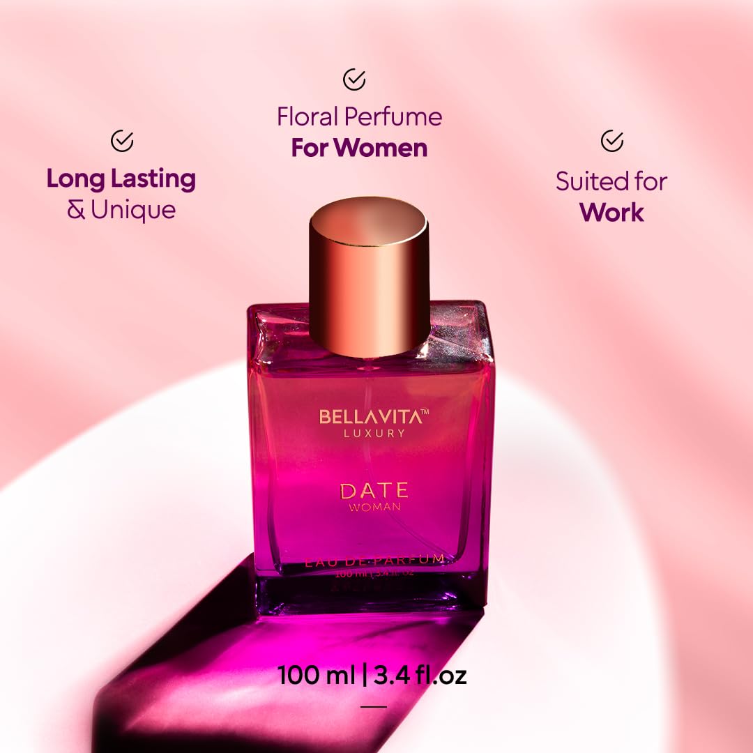 Bellavita Luxury DATE Eau de Parfum | 100 ml (3.4 fl.oz.) | Perfume for Women | Floral, Pink Pepper, Jasmine, and Moss Notes | Long Lasting Fragrance | Mother's Day Present