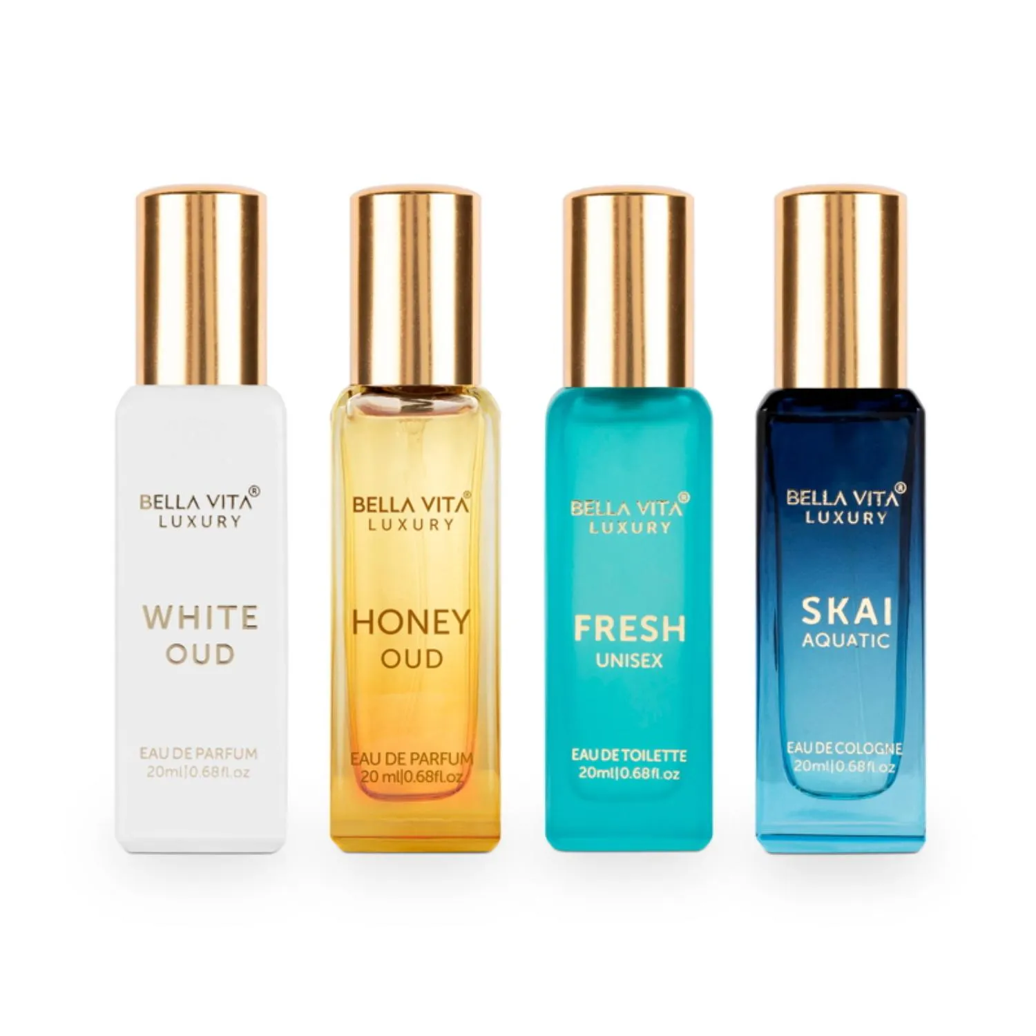 Bella Vita unisex luxury perfume gift set (80 ml) | 4 x 20 ml | Fresh | Honey Oud | White Oud | Skai Aquatic | bella vita perfume gift set for men | gift set for women