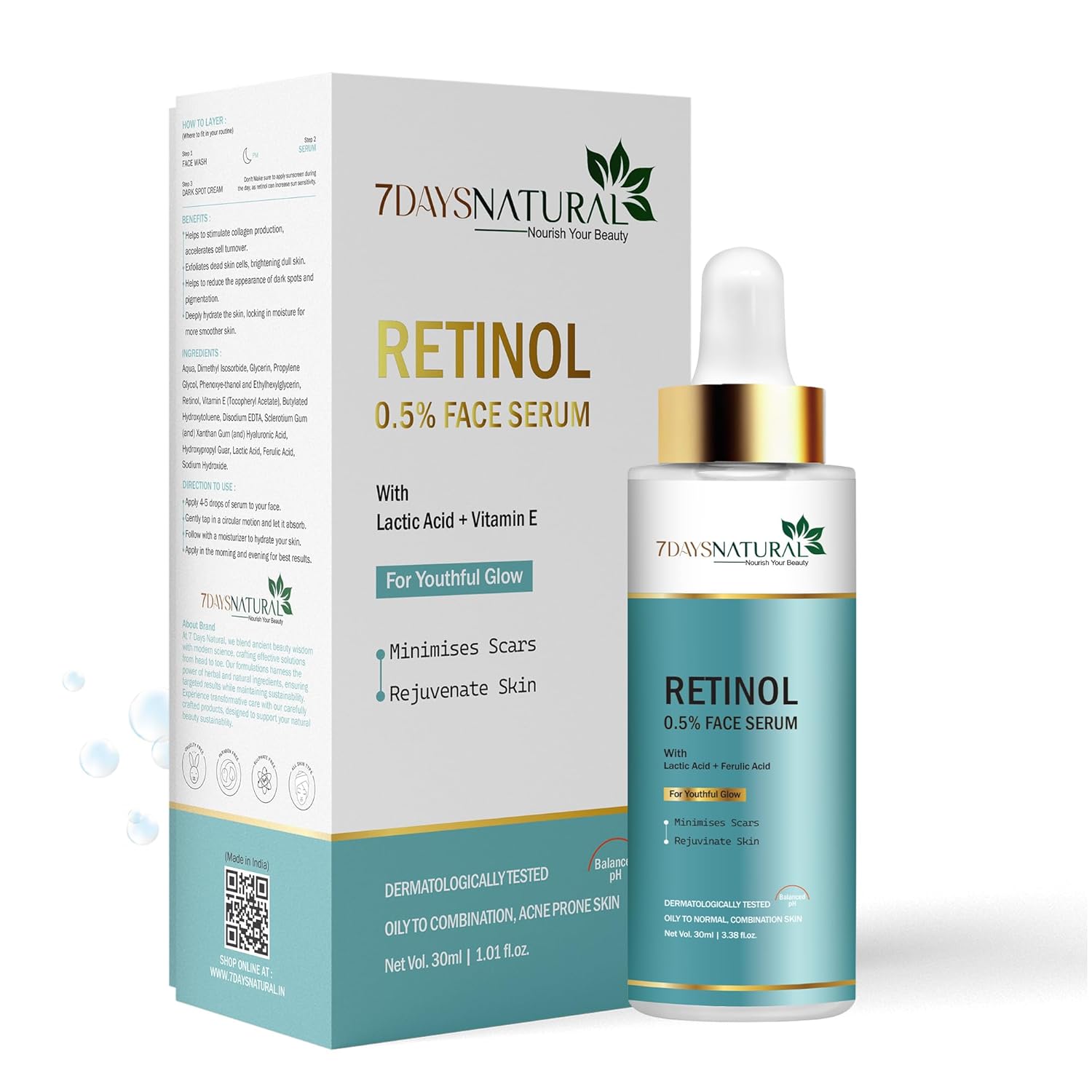 7DAYSNATURAL Retinol Face Serum | 0.5% Retinol with Lactic Acid & Vitamin E | Night Serum for Wrinkles, Fine Lines & Scars | Oily to Combination Skin | 30ml