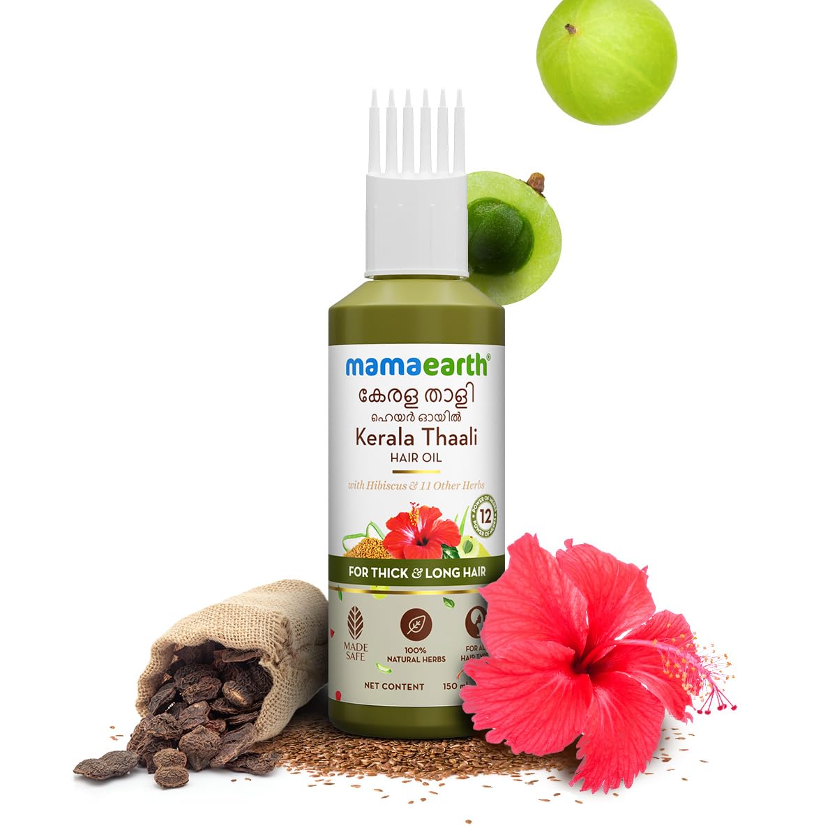 Mamaearth Kerala Thaali Hair Oil With Hibiscus, Amla, Reetha And Methi Dana For Smooth, Thick & Long Hair - 150 Ml