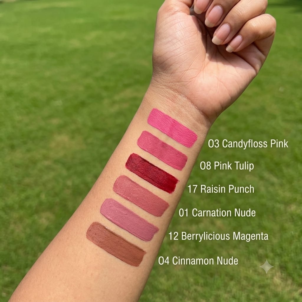 Moisture Matte Long Stay Lipstick - 2g | Cinnamon Nude, Berrylicious Magenta, Carnation Nude, Raisin Punch,Pink Tulip, Candyfloss  Pink,