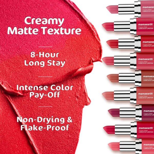 Mamaearth Creamy Matte Long Stay Lipstick with Murumuru Butter and Vitamin E for 8-Hour Long Stay (Flakeproof & Non-Drying | Intense Color Payoff) - 4.2g (Tulip Magenta)